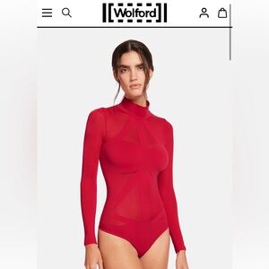 Wolford Maia string Long Sleeve Bodysuit red sheer sexy XS designer